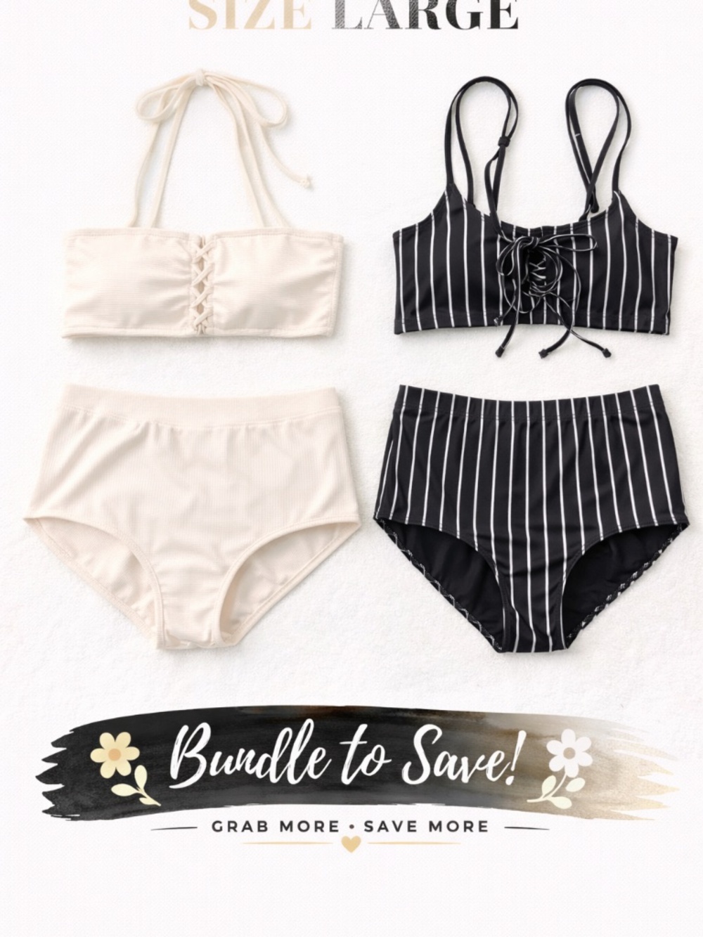 2 Bikini Set Bundle Size Large | Neutral Ribbed + Black Striped High Waisted